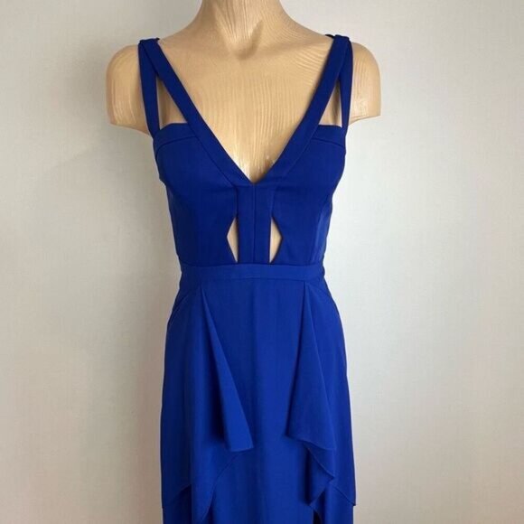 BCBG Maxazria Size 0 Blue Cutout Formal Wear Maxi Dress Gown Ruffled Swifty - Picture 2 of 15